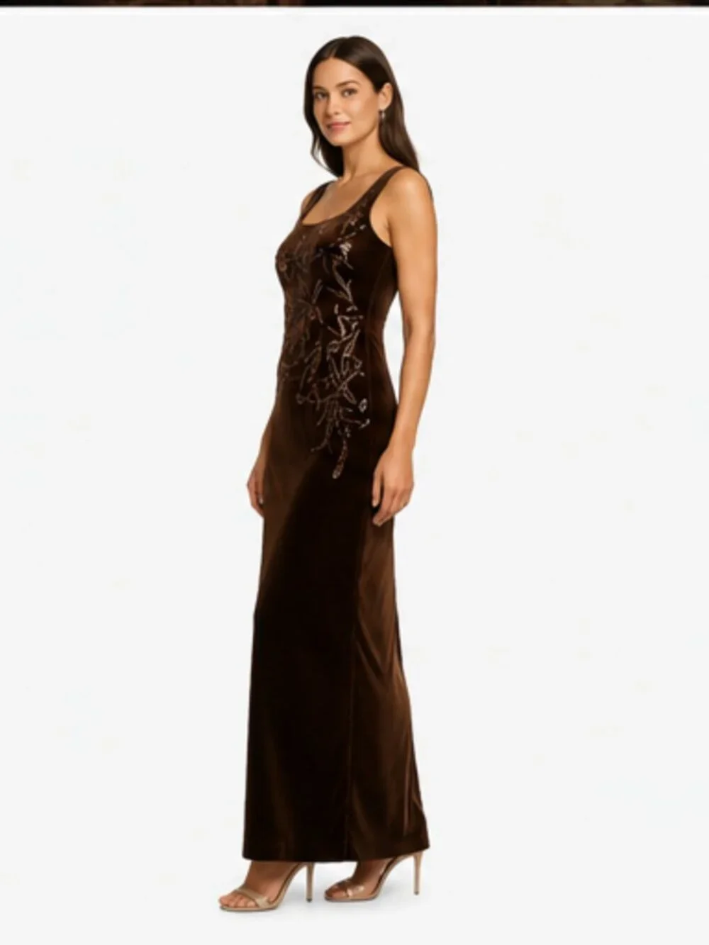 Adrianna Papell Velvet Beaded Maxi Dress Espresso Size 14 NWT